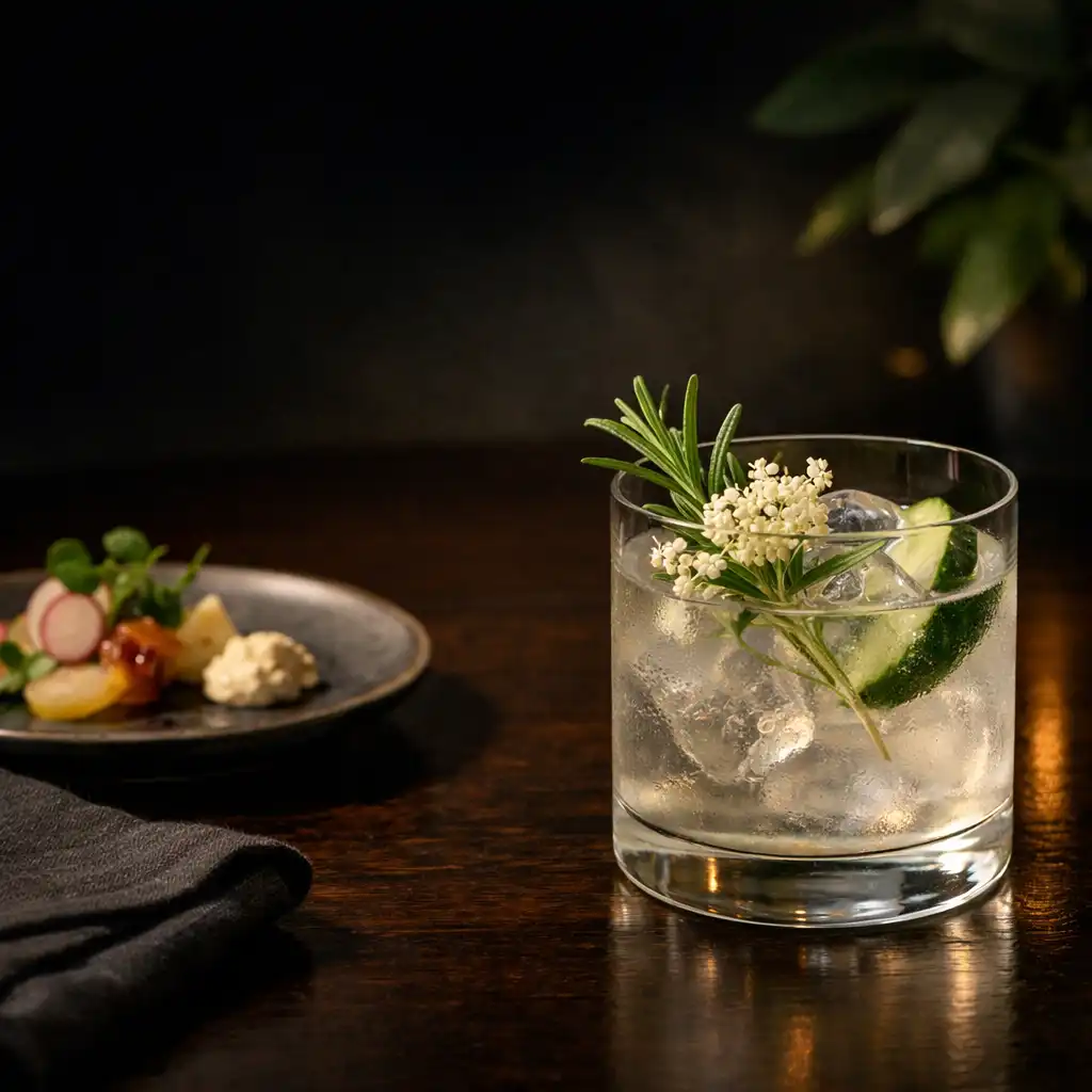 Botaniczny mocktail w eleganckiej szklance na ciemnym stole restauracyjnym