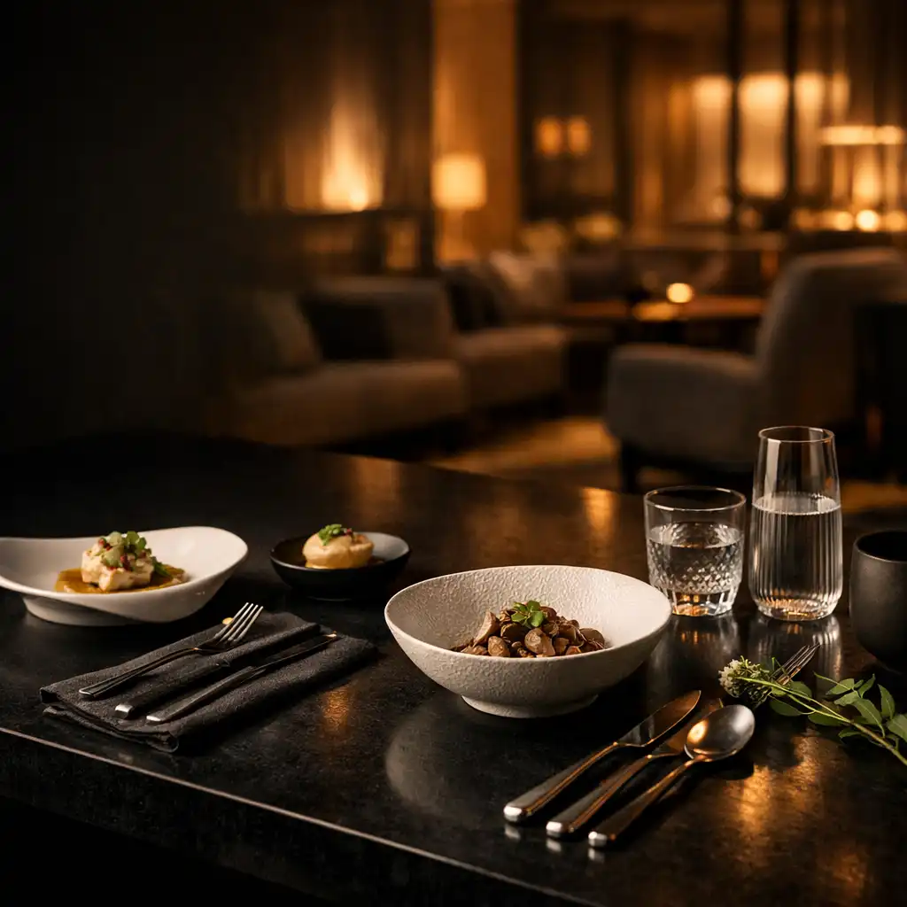 Doprawiony w detal stół degustacyjny w ciemnym wnętrzu restauracji Smaknorex