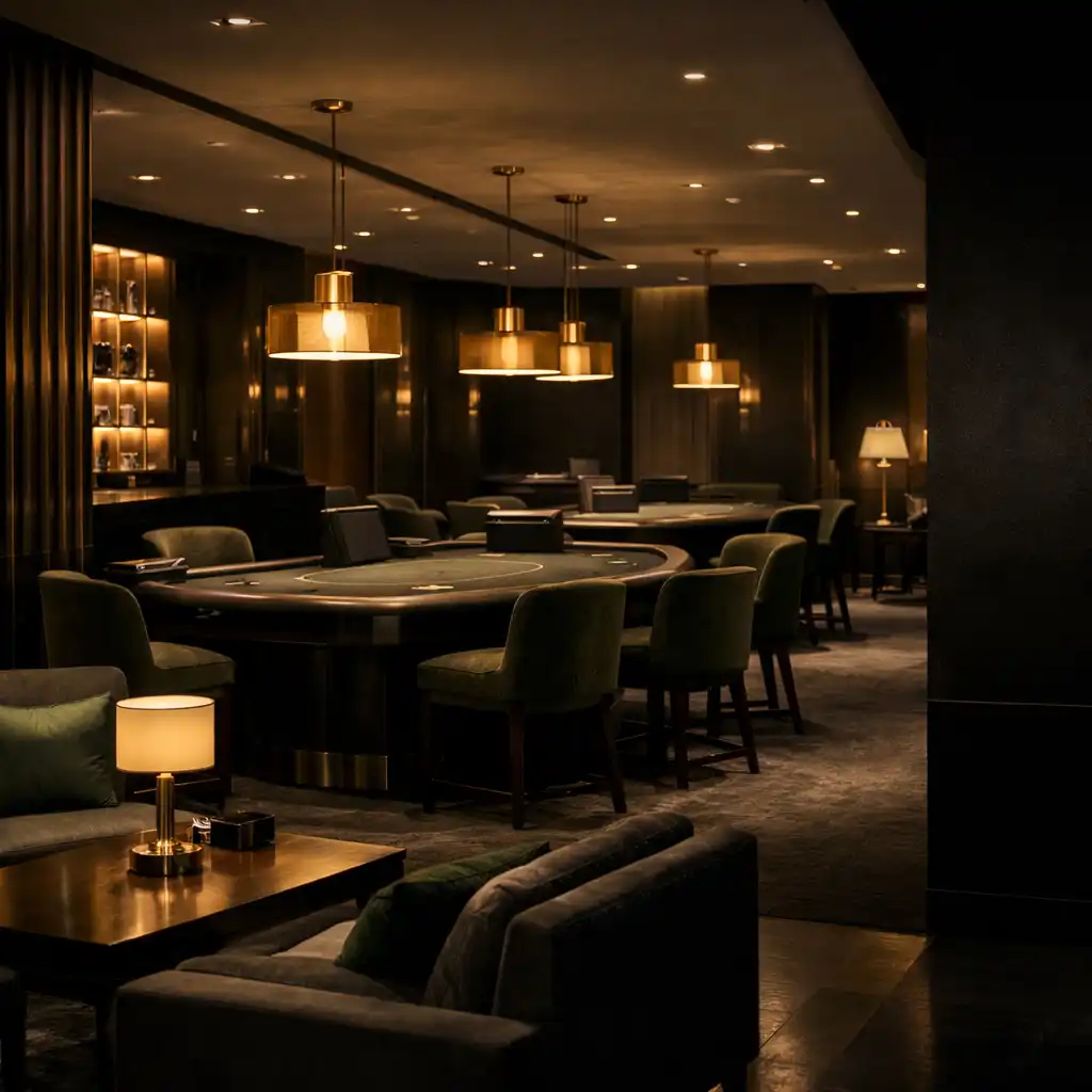 Ciemne wnętrze lounge z odległymi stołami gry i bursztynowym światłem