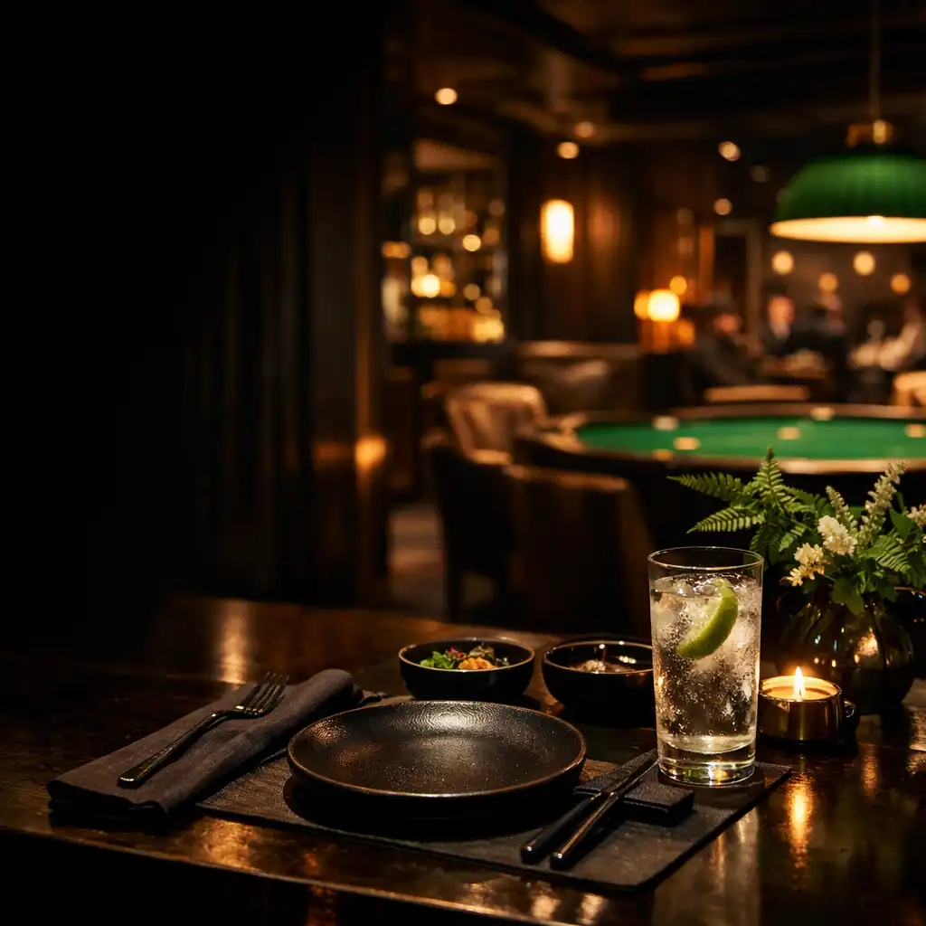 Elegancki stół degustacyjny w ciemnym wnętrzu Smaknorex z dyskretną przestrzenią lounge w tle