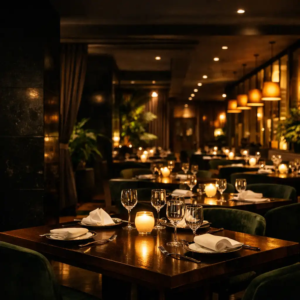 Wieczorne wnętrze restauracji Smaknorex z przygotowanymi stołami i bursztynowym światłem