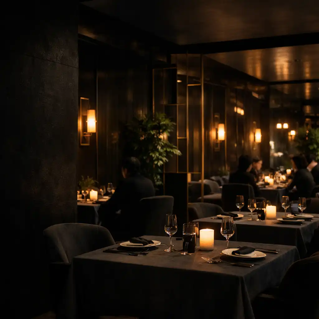 Wieczorne wnętrze restauracji Smaknorex z elegancko nakrytymi stolikami